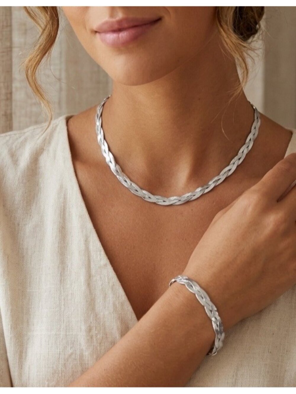 Silver Plated Braid Snake Necklace SET stainless steel bracelet Womens Jewelry
